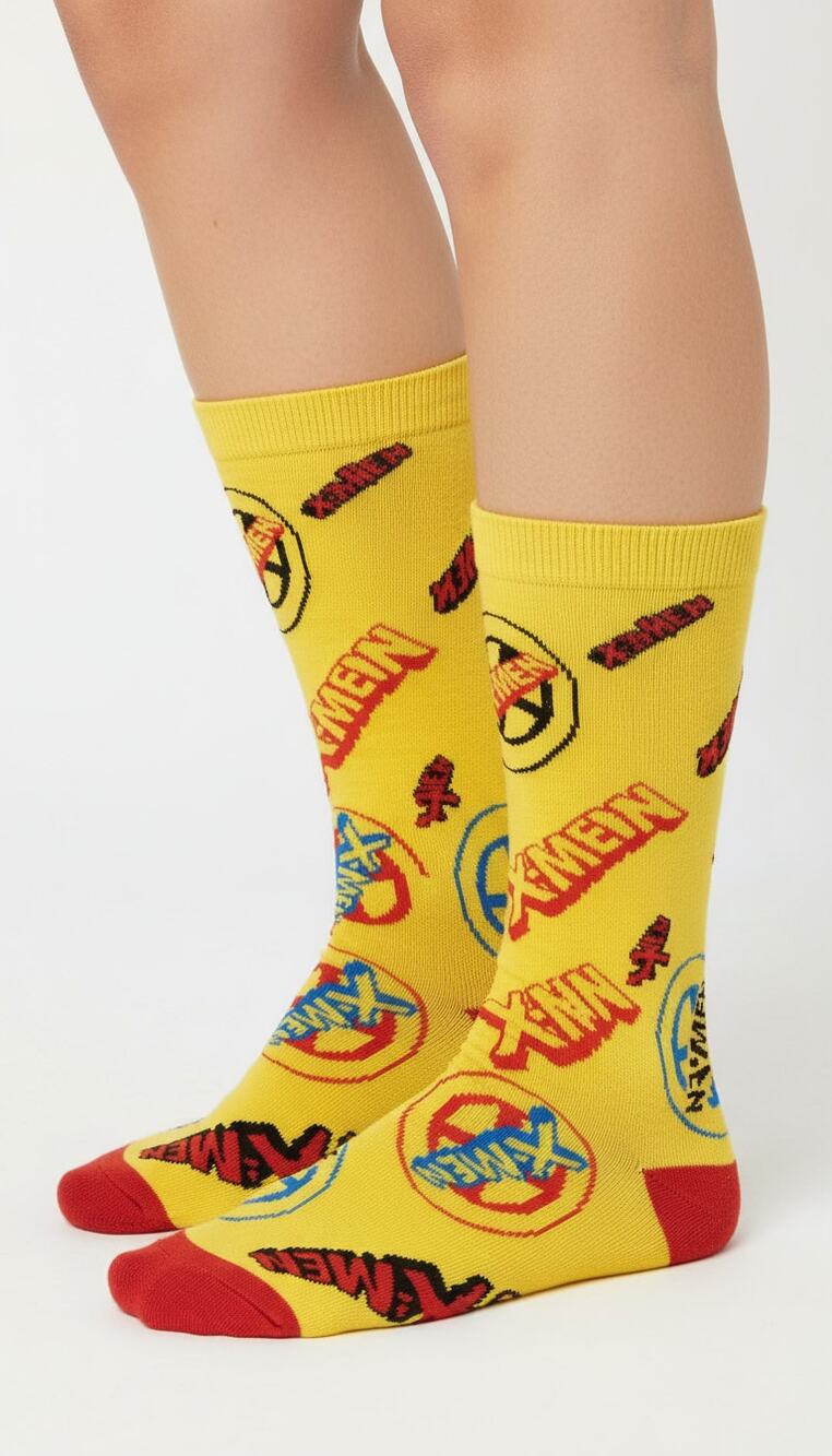 Marvel X-Men Logo Collage Crew Socks Yellow Size 6-13 Comic Book Kidcore